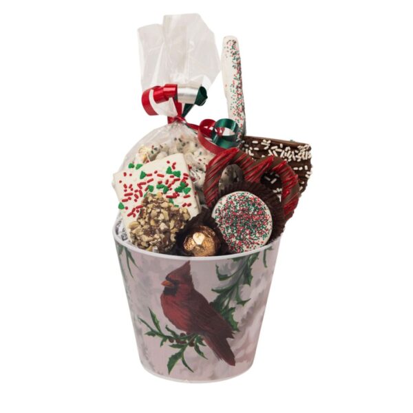 Christmas cardinal holiday gift basket with chocolate pretzels, chocolate graham crackers, chocolate truffles, chocolate oreos.